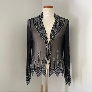 Vintage Y2K black beaded mesh blouse button front fairy core 100% Silk
